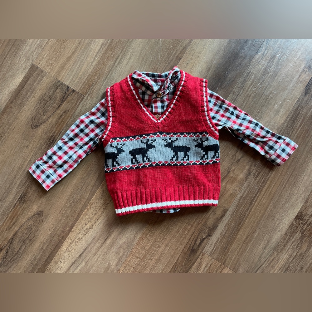 New Kids Red Knit Reindeer Vest with Plaid Shirt